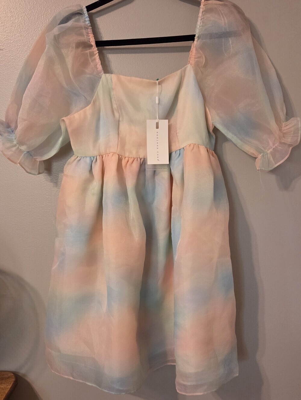 Endless Rose Women's Multi Color Organza Mini Dress Puff Sleeves Sz S Milkmaid - Picture 4 of 13